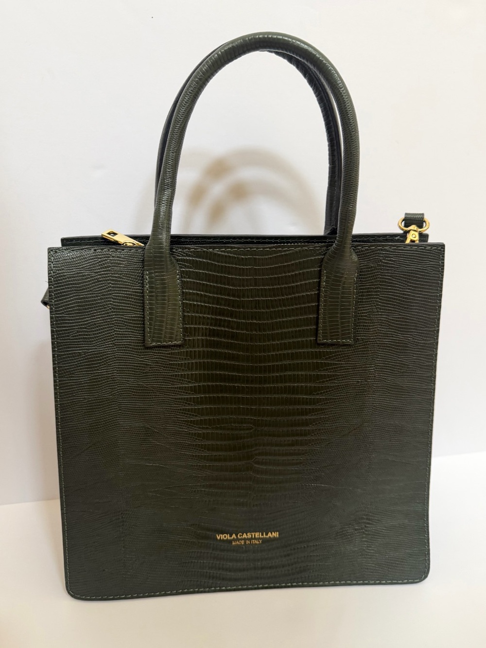 Viola Castellani Olive Green Lizard-Embossed Tote